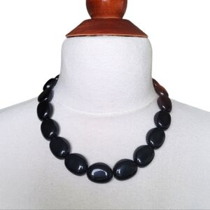 Vintage Chaps Black Stone Necklace Leather Cord Silver Plate Toggle 19"